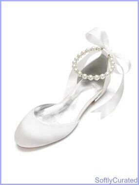 Satin Pearl Round Toe Wedding Flats Ribbon Tie Women's Dress Shoes